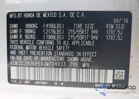 2018 Honda Hr-V Ex from USA, damaged, VIN 3CZRU6H5XJM724933